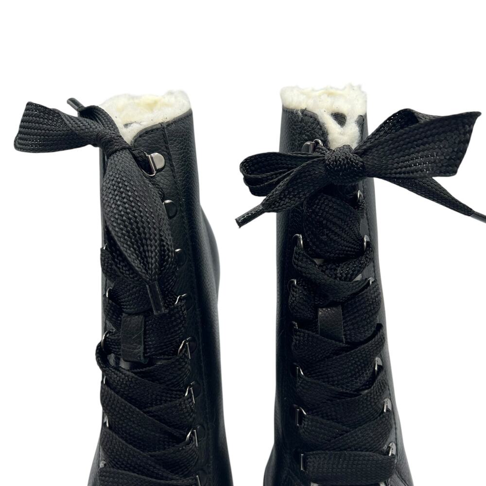Schutz Womens 8.5 Zhara Leather Boots Black Lace Up Faux Fur Combat Lug 4.25 " - Picture 3 of 10